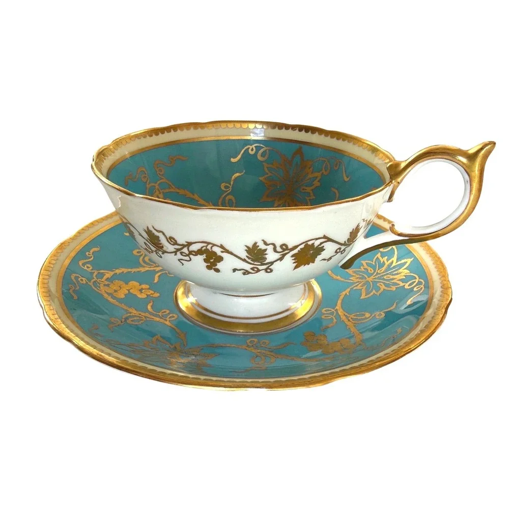 Vintage Aynsley England Bone China Teacup Saucer Turquoise Gold Gilt Grapevine